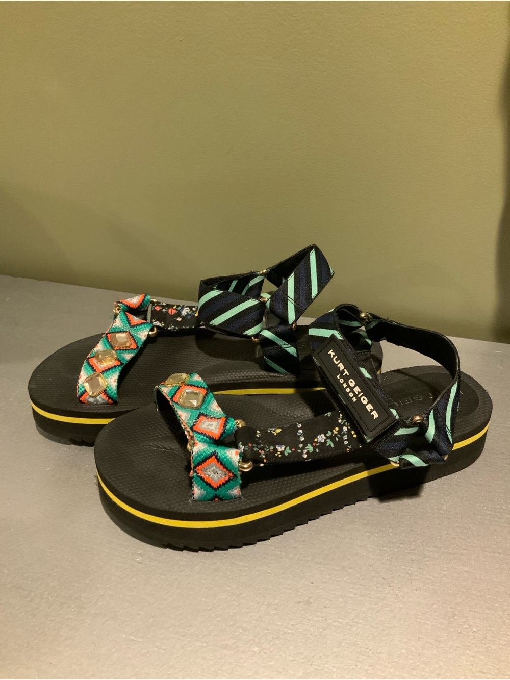 Kurt Geiger London Black Platform Sandals with Teal and Yellow Accents size 8.5